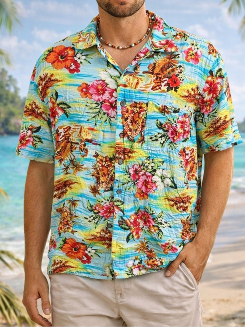 Hawaiian Shirt Rayon Mens Button Floral Sz‎ XL Short Sleeve Tropical Aloha Blue